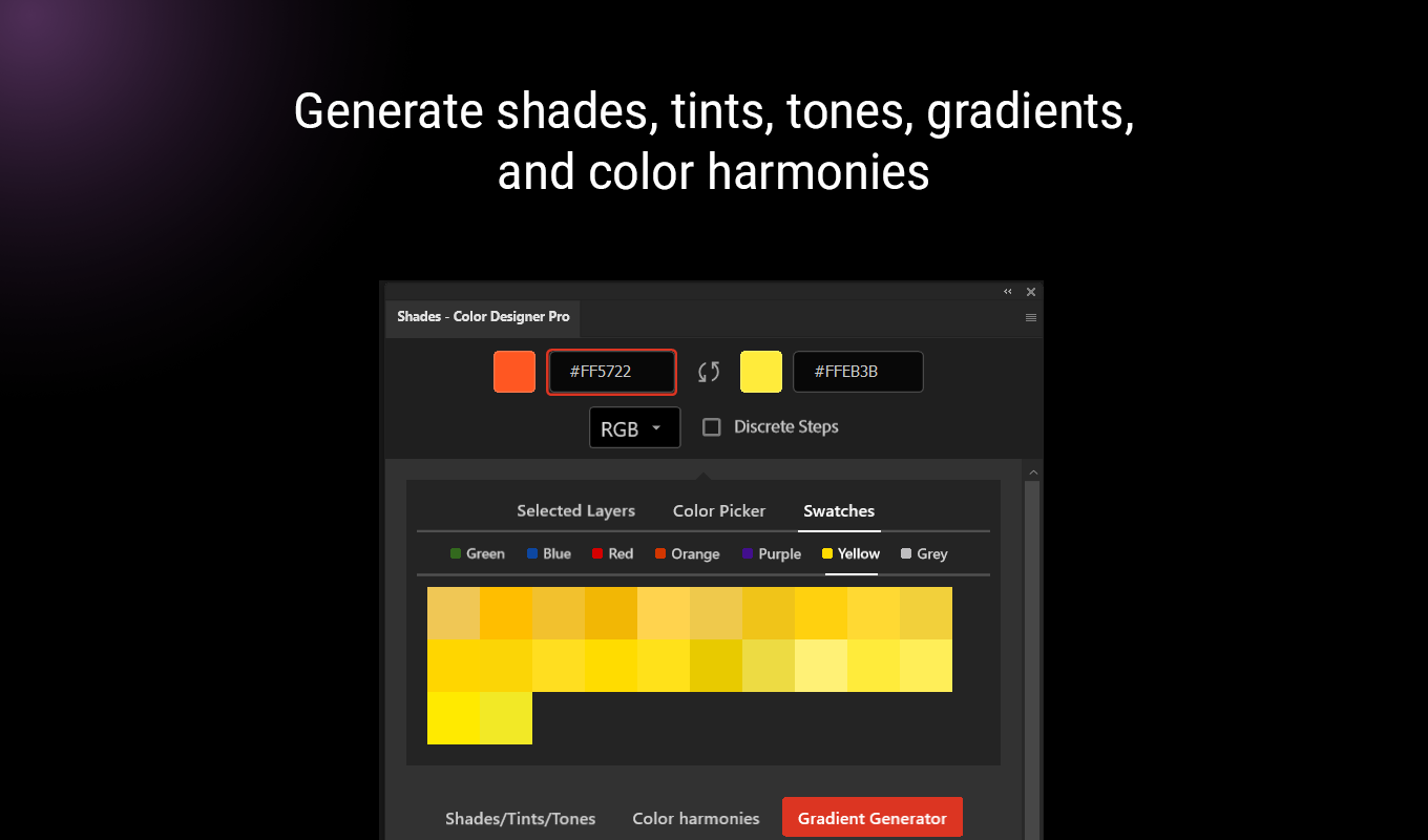 Generate shades, tints, tones, gradients, and color harmonies - Photoshop